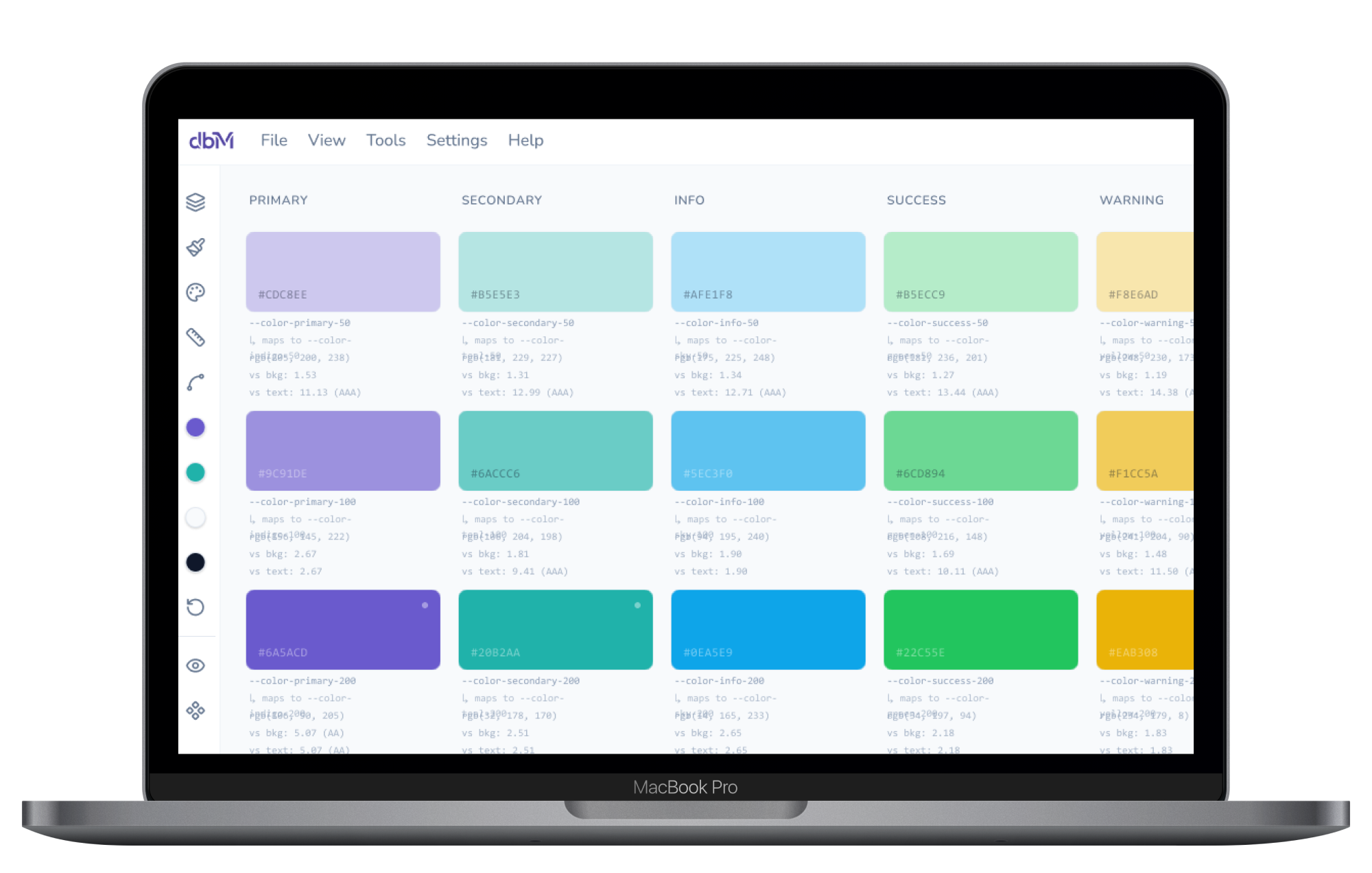 A laptop displaying DBM Color Schema application dashboard